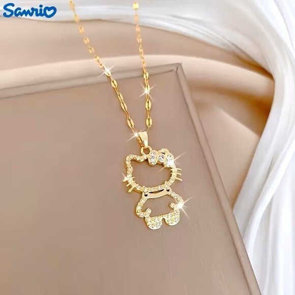 Hello Kitty Necklace Chain Pendant Rhinestone UV Plating. 🥰😻Gold Trendy Cute - Picture 3 of 6